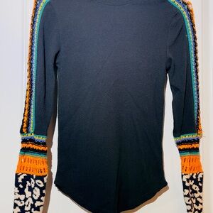 Free People Black Top with Multicolor Knit Sleeves